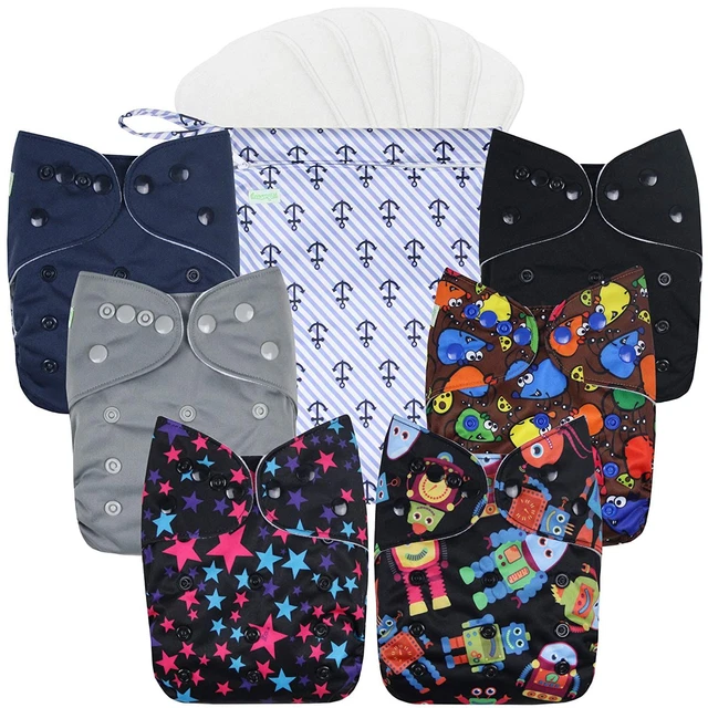 Wegreeco Washable Reusable Baby Cloth Pocket Diapers 6 Boy Prints + 1 Wet Bag