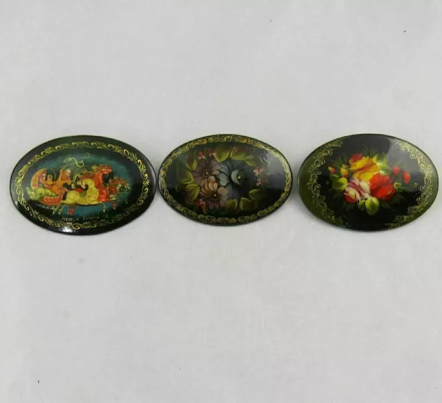 3 Russian Lacquer Hand Painted Papier Mache Brooch Pins Artist Signed