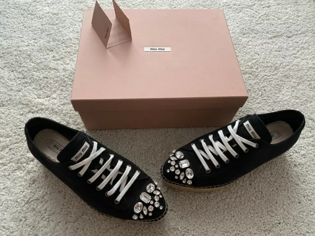 Miu Miu Crystal Embellished Black Suede Platform Sneakers Shoes Espadrilles