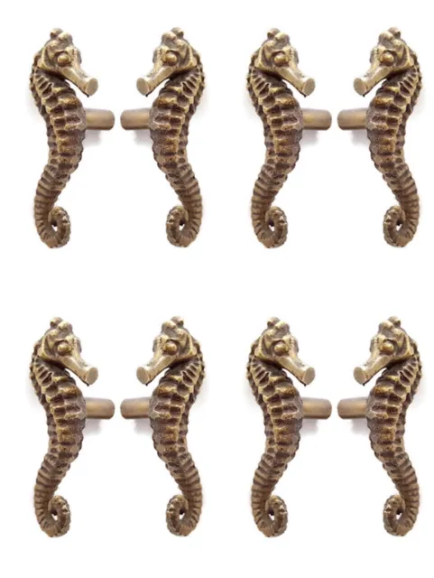 8 small SEAHORSE aged NEW old style pulls handles heavy brass vintage cupboard B