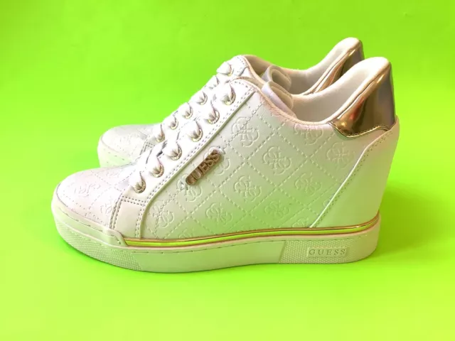 GUESS Los Angeles Women’s Wedge Sneakers Shoes Size 9.5 White w/Gold