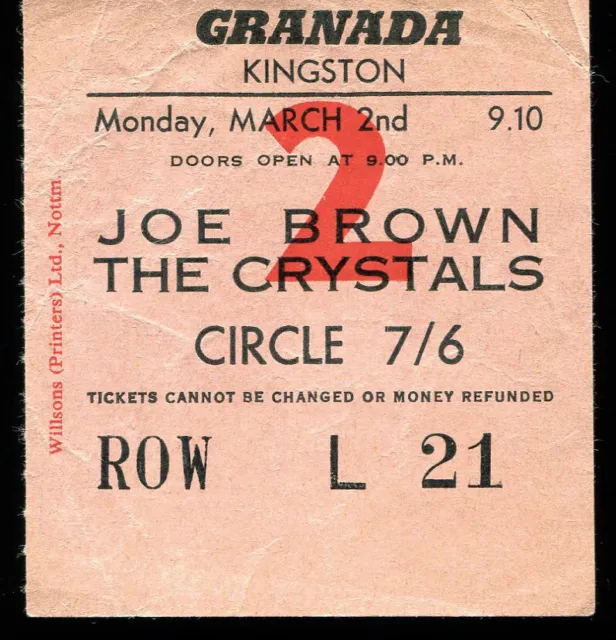 JOE BROWN / THE CRYSTALS :  original UK 1960s Gig ticket : Granada, Kingston