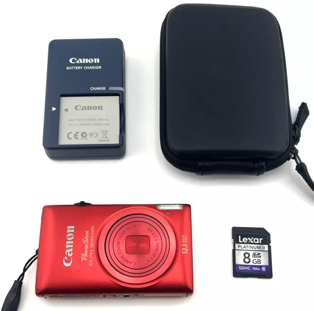 Canon PowerShot ELPH 300 HS 12.1MP Digital Camera RED HD 5X Zoom Bundle Tested