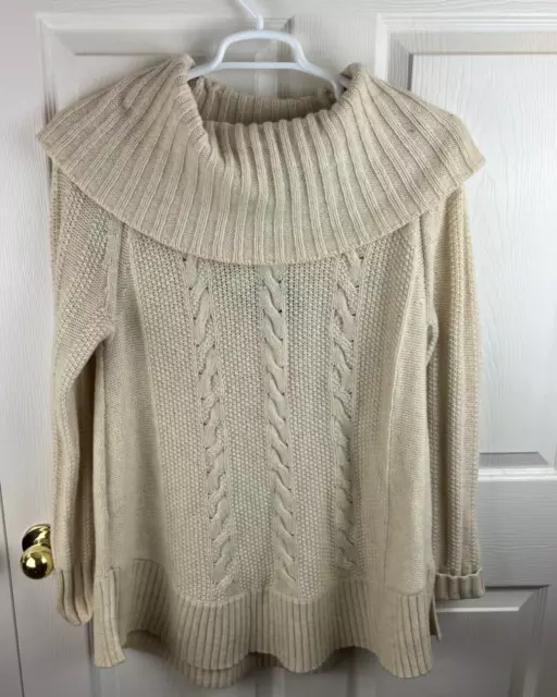 New NWT Womens Smartwool Crestone Tunic Sweater Ivory Cowl Neck Cable Knit Large