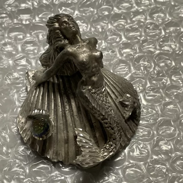 1990 Vintage Masterworks Fine Pewter Mermaid on Seashell Oyster Pearl Fantasy