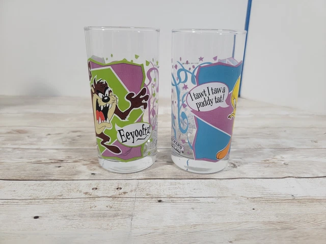 Smuckers 1999 Tweety Taz Tasmanian Devil Mil-looney-um Jelly Glasses Set Of 2