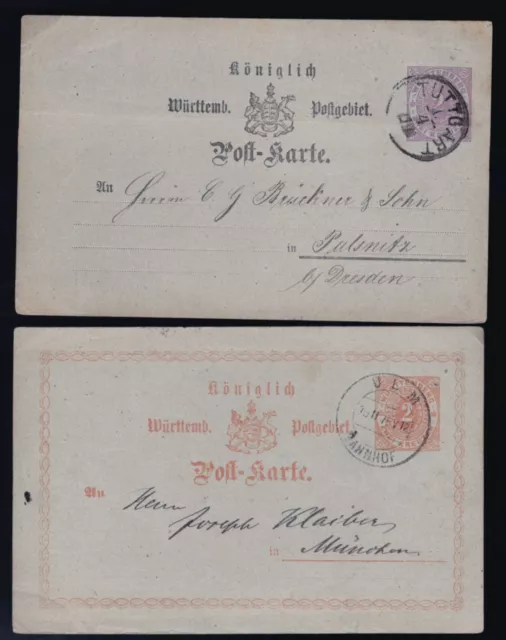 2 gel. Ganzsachen, Ulm - BAHNHOF und STUTTGART 1875