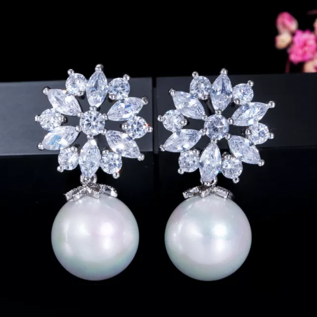 Silver Plated CZ Bridal Flower Leaf Pearl Dangle Drop Earrings Costume Jewellery