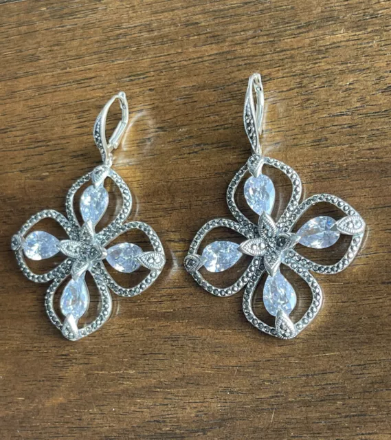 Vintage Judith Jack Silver 925 Marcasite Flower Cross Dangle Earrings