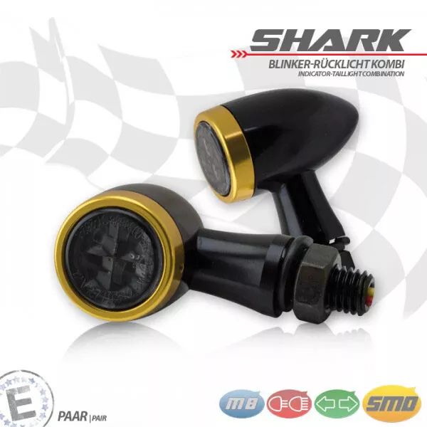 SMD Blinker RL Kombi Shark Alu schwarz gold getönt Maße: Ø 22 x T 37 mm M8 E gep