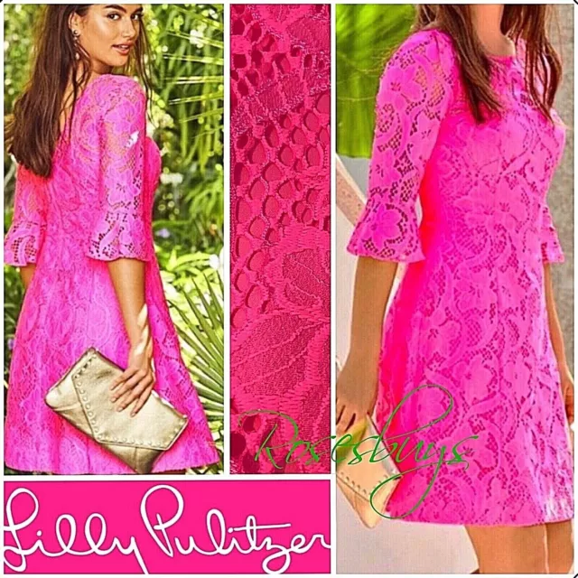 Lilly Pulitzer Allyson Dress Size 12 Hot Pink Tropics Floral Vines Lace Bell NWT