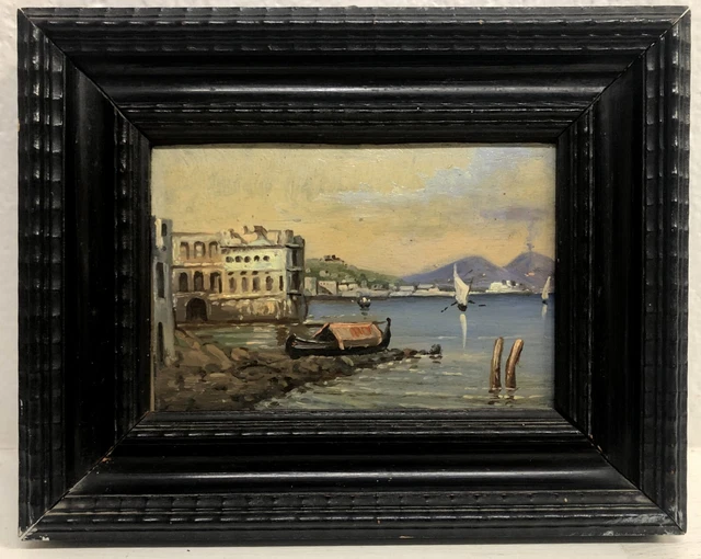 PICCOLO QUADRO OLIO VEDUTA SOUVENIR di Napoli VESUVIO MARINA GUILLOCHE' '800
