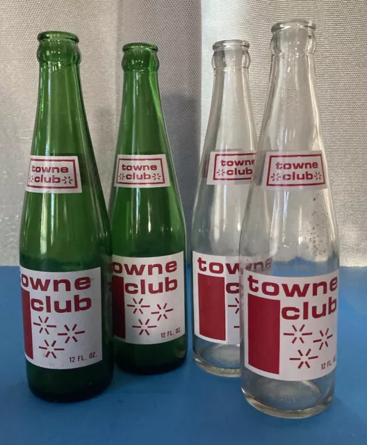 Vintage Towne Club Beverages RED Green Glass Bottle 12oz Soda Pop Lot of 4