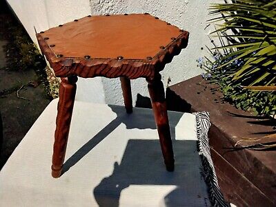 VINTAGE HEXAGONAL RUSTIC WOODEN TRIPOD STOOL with EMBOSSED LEATHER TOP 2