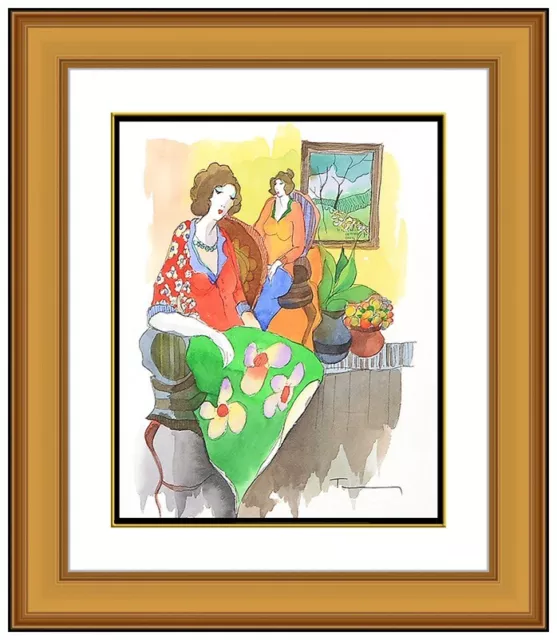 Itzchak Tarkay Original Signed Watercolor on Paper Cafe Painting Framed Artwork