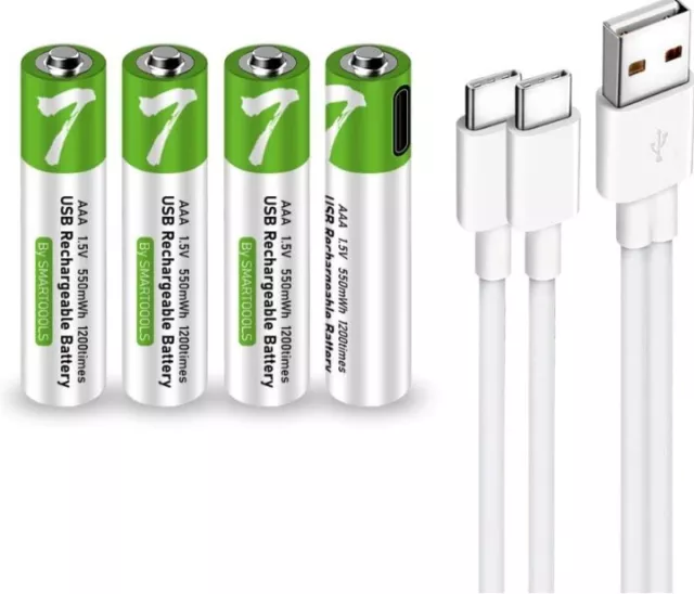 Lot de 4 piles rechargeables USB AAA Lithium Ion haute capacité Câble inclus