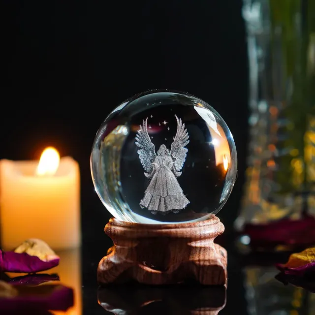HDCRYSTALGIFTS 3D Angel Figurines Crystal Ball Full Sphere Laser Engraved Pap...