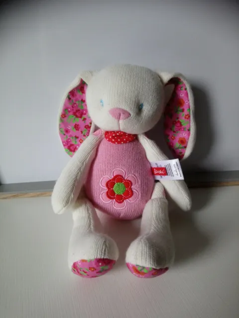 Doudou peluche lapin maille tricot blanc rose fleurs bandana à pois dushi