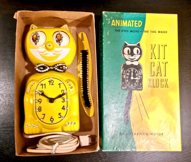 VINTAGE ELECTRIC KIT Kat Clock Yellow W/ Jewels Original Box New Gears