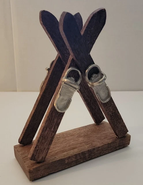 Vintage Handcrafted Wooden Napkin Holder Silver Metal Ski embellish stained wood