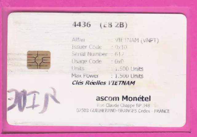 Carte De Test Vietnam1500 Unites Ascom Monetel Verso Blanc Fonctionnelle