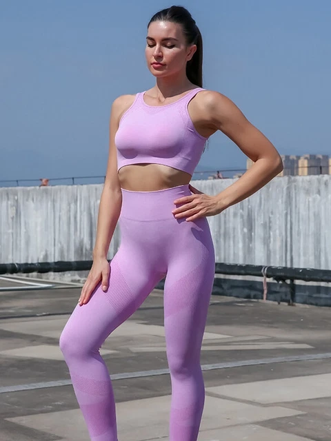 completo donna maglia pantaloni leggings top set tuta yoga corsa lilla Y015