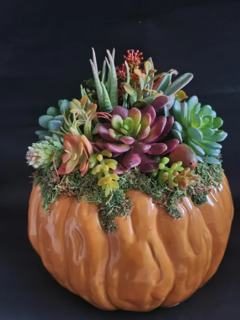 Handmade Fall Arrangement Of Faux Succulents In Vintage Ceramic Pumpkin Planter