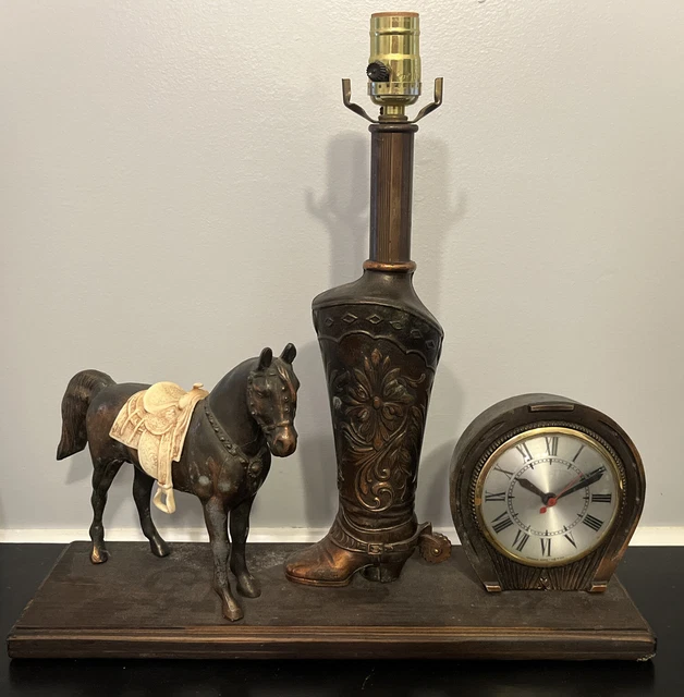 Vintage Metal SESSIONS Western Horse Boot Clock Lamp RARE