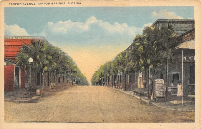 Tarpon Springs Florida 1920s Postcard Tarpon Avenue NY Restaurant Palm Trees
