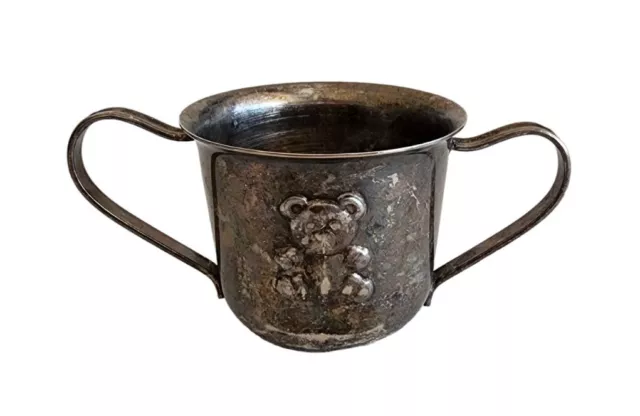 Silver Plated Double Handled Baby Cup Teddy Bear Pattern Vintage