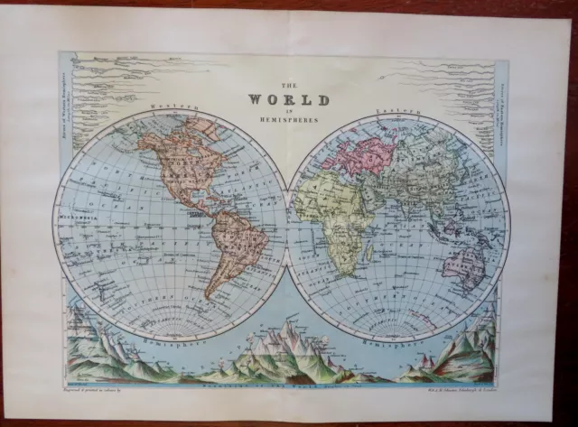 World in Hemispheres River & Mountain Comparisons 1895 Johnston scarce color map