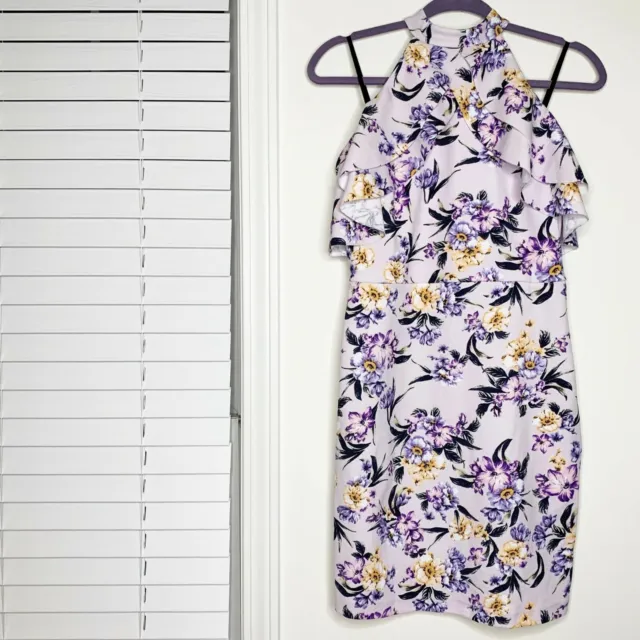 NWT BeBe Lavender Floral Halter Ruffle Sheath Dress Women’s Size 6