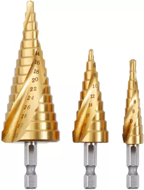 3PCS Foret Fraise Meche Etage, HSS Inox Metal, 4-12/20/32Mm, Triangle Conique Ti