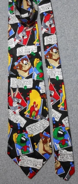 Looney Tunes Mania Cartoon Characters Classified Ads Pattern Hand Made Silk Tie