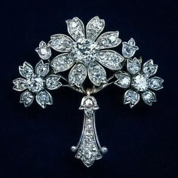 Real Moissanite 2Ct Round Cut Flower Brooch Pin 14K White Gold Silver Plated
