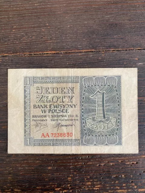 1941, German Occupation of Poland, 1 Zloty, Bank Emisyjny W Polsce