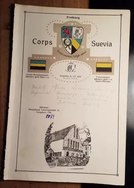 Corps Suevia Freiburg - Wappen Zirkel Corpshaus - um 1910 - Tafel / Studentika