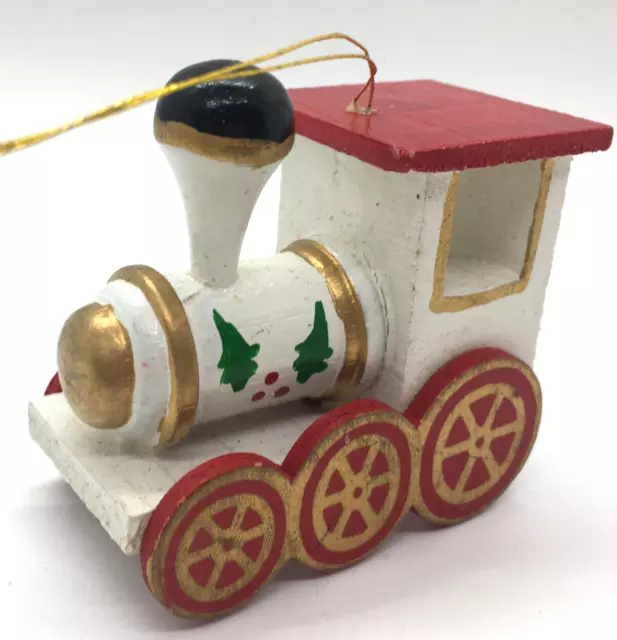 Vintage 1980's Wooden Train Christmas Ornament Hand Painted White Gold Trim