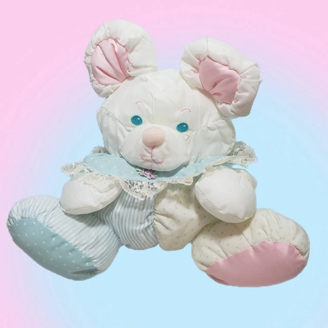 Fisher Price Puffalump White Baby Mouse Bear with Rattle Nylon Plush Vintage