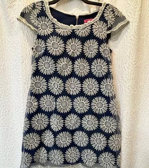 Women's BETSEY JOHNSON Navy Blue Embroidered Shift Dress Size 8