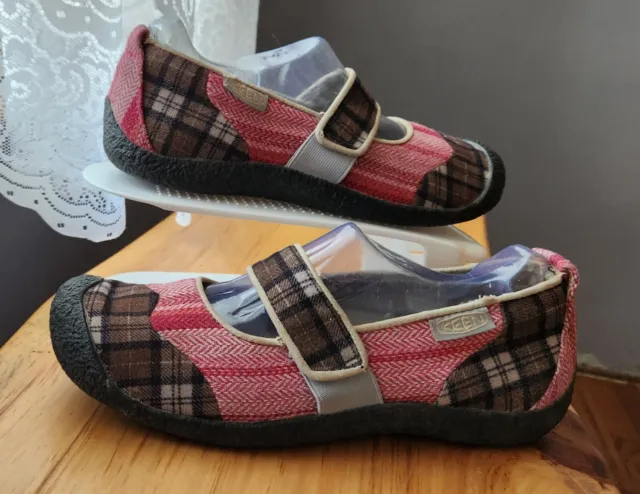Keen  Wms Sz 9 Harvest Plaid Patchwork Slip On Mary Jane Shoes White/Pink/Brown