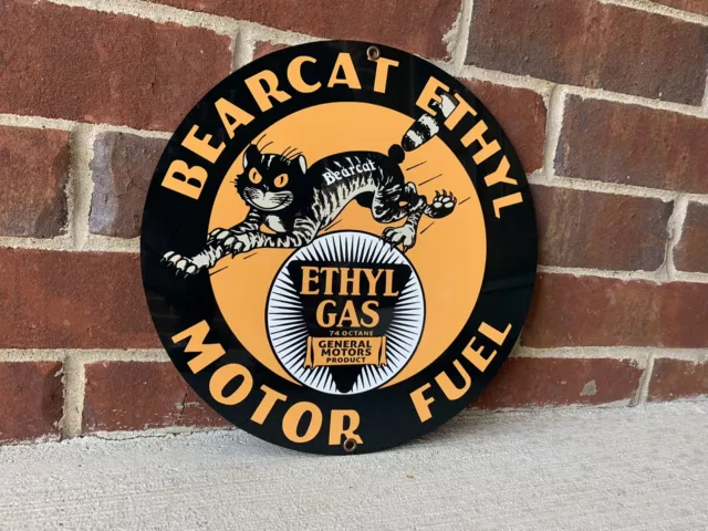 Bearcat ethyl motor fuel gasoline oil garage man cave racing vintage round sign