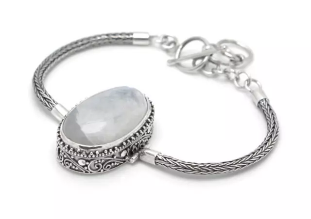 Rope Weave Sterling Silver Bracelet w Large Oval Moonstone, Bali Accents, Toggle