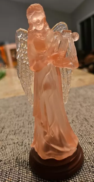 Enesco Musical Pink Acrylic Angel Round Wood Base Lyre Plays AMAZING GRACE