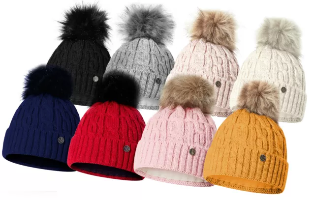 Damen Wintermütze gefüttert Strickmütze Warm Fellbommel Mütze Beanie Fleece