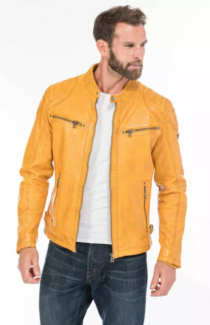 Uomo Pelle Giacca Vera pelle D'Agnello Moto Biker Cafe Racer Moda Giacca