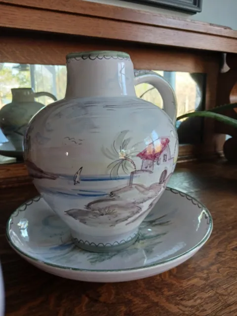 RARE Vintage ULMER KERAMIK Hand Painted Seaside Pitcher & Platter