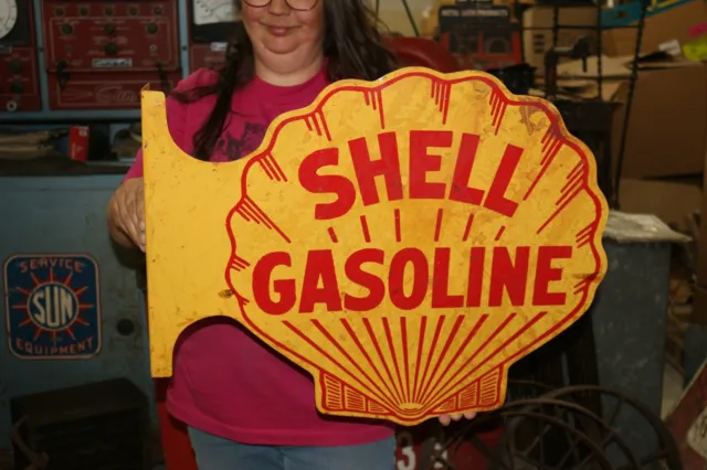 Vintage 1960's Shell Gasoline Gas Station 2 Sided 24" Metal Flange Sign