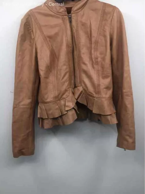 Hinge Womens Brown Leather Long Sleeve Collared Ruffle Full-Zip Jacket Size S