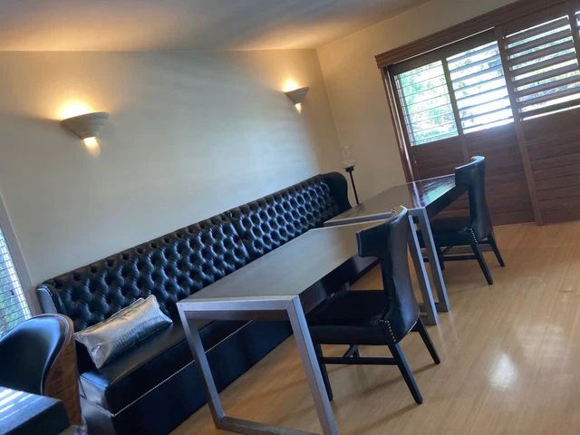 Booth, Custom Dining Banquette Booth with Diamond Tufting and Silver Nail Trim, 